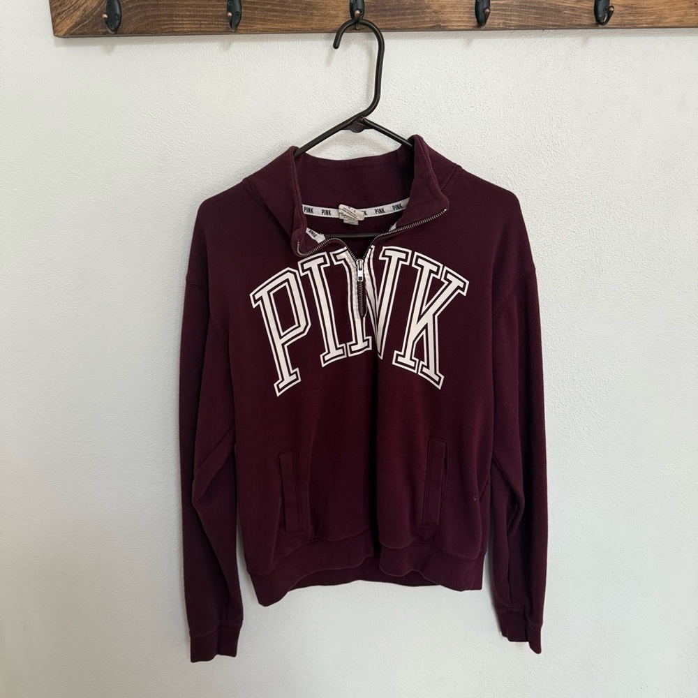 PINK Victoria's Secret Maroon Quarter Zip Logo Sweatshirt
